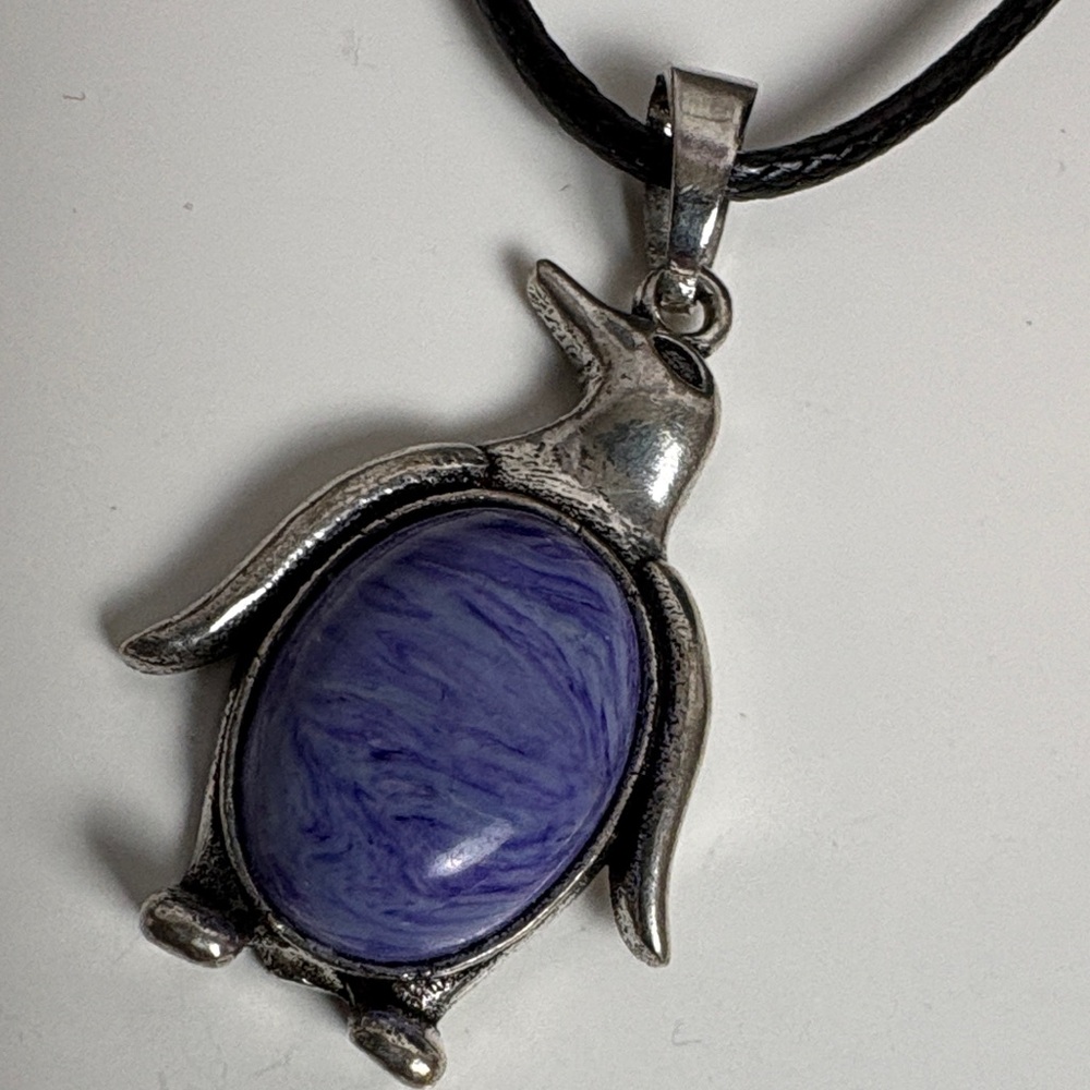 Silver Penguin Pendant with Purple Stone